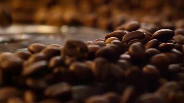 Slow motion tracking dolly shot of roasted coffee beans tumbling and rolling across metal tabletop in studio close up with warm lighting