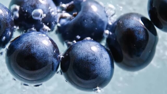 Slow motion tracking shot of blueberries submerging and rising with bubbles in clear water macro studio close up