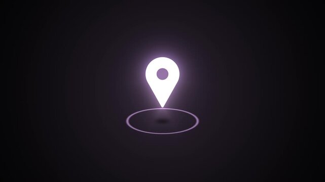 Glowing location pin icon with purple light effect on dark background, representing digital map navigation and GPS pointer technology for precise geographic marking.