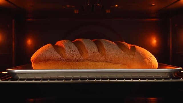 Time lapse close up of bread loaf rising and browning on tray inside oven interior in home kitchen