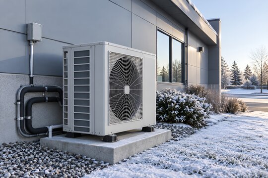 Commercial Heat Pump Outside Modern Building in Winter