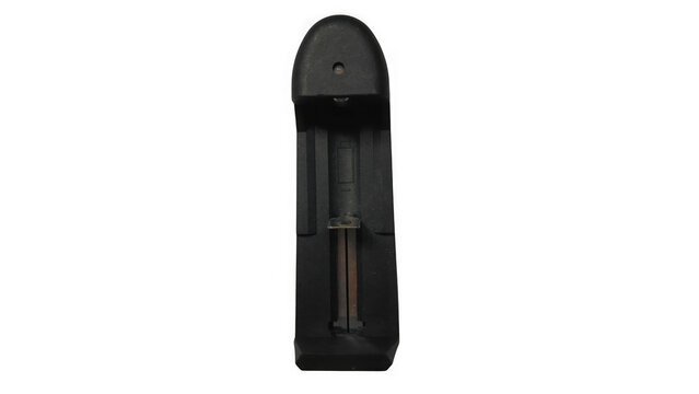 Single black plastic universal battery charger unit for rechargeable lithium ion cells isolated on a solid black background, for power supply isolated on a transparent background