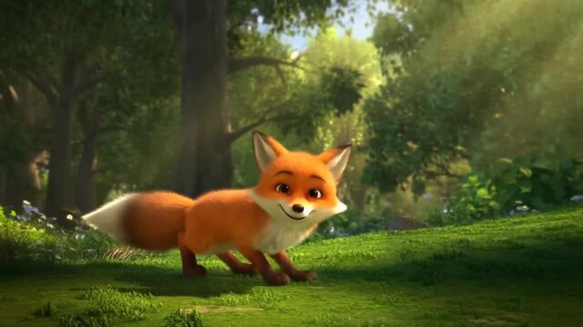 Tracking shot of fox trotting and turning while approaching camera in sunlit forest clearing meadow