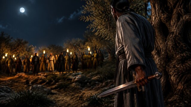 Torches and a crowd. A historical figure ready for battle in the moonlight. Jesus and Peter, armed with a sword, confront the approaching torch-bearing crowd in the Garden of Gethsemane at night.