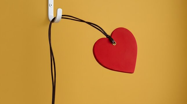 A red heart shape hanging from a black cord plugged into a wall outlet