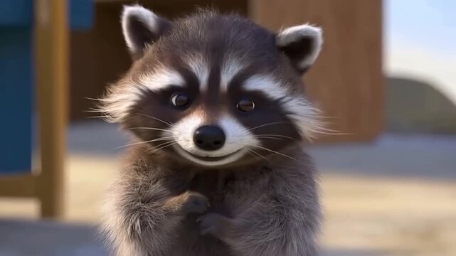 Tracking shot of young raccoon reacting and turning while pawing near wooden structure on outdoor ground in soft sunlight during daytime