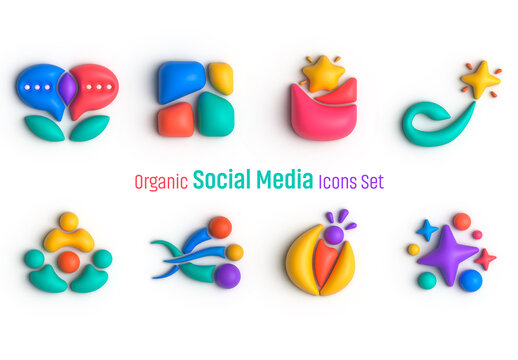 Organic 3D Social Media Icons Set with Colorful Abstract Communication Symbols