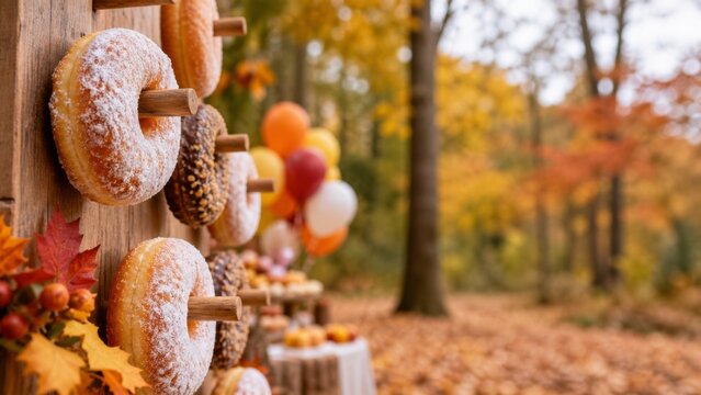 Stack of frosted cinnamon donuts on a white cake stand. Mini pumpkins and fall leaves decorate a rustic outdoor table. Perfect for autumn celebrations, harvest festivals, or cozy fall gatherings