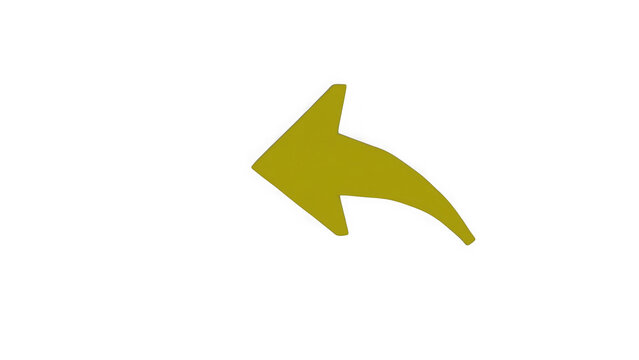 A golden yellow curved arrow pointing to the left side isolated on a black background, representing undo, return, or back navigation functions isolated on a transparent background