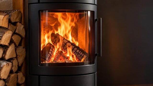 Modern wood-burning stove with a crackling fire provides warmth. Logs burn brightly inside the black metal fireplace. A neatly stacked pile of firewood sits beside the stove, ready for use