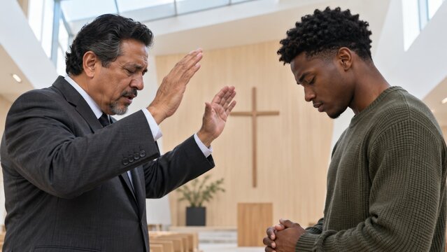 Elderly man blesses a young African American man. A religious ceremony in a rural church with a view of the mountains; spiritual mentorship and faith in a traditional setting.