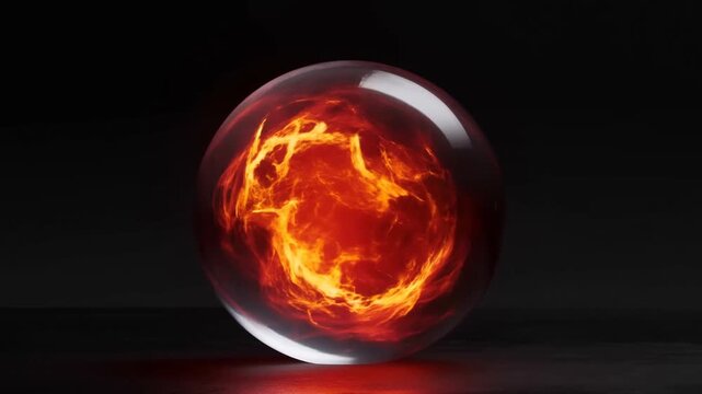 Slow motion tracking zoom of glass orb with swirling fire rotating on dark reflective studio surface