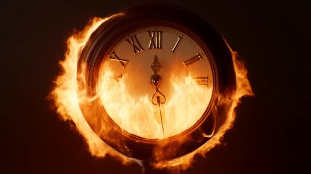 Slow zoom closeup of antique wall clock slowly catching fire and burning in dark studio setting