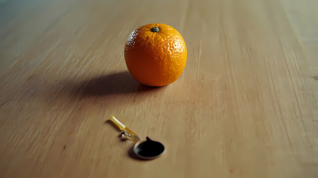 Ripe orange mandarin rests on a light wooden desk with a small detached stem in front.