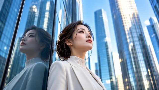 Young asian businesswoman looking up with a thoughtful expression. She stands confidently beside a modern glass building in a city. This image represents ambition, future planning, and career success
