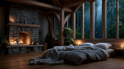 Obraz premium Cozy enchanted cottage bedroom with fireplace, wooden floor, large windows, night forest view, peaceful mood
