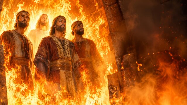 Three men stand unharmed in a blazing furnace beside the radiant figure of Jesus. This scene illustrates the biblical narrative of divine intervention and faith.