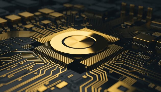 Close-up of a golden central processing unit on a circuit board
