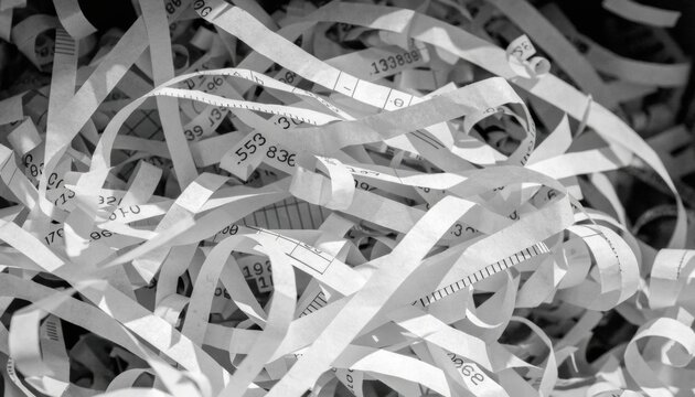 Close-up of shredded paper strips with visible numbers and lines