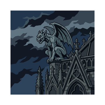 Gothic cathedral gargoyle under dark stormy night sky.