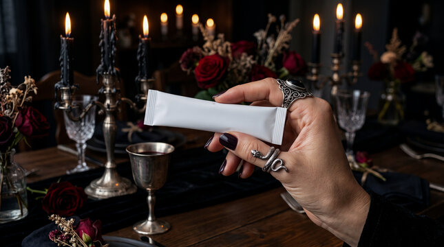 Hand Holding Blank White Sachet Stick Mockup with Gothic Candlelit Dinner, Red Roses, and Silver Chalice