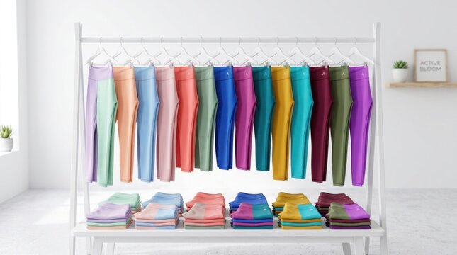 A rack of colorful leggings hanging on a white clothes rack, with a variety of pastel shades and patterns, against a plain white background.