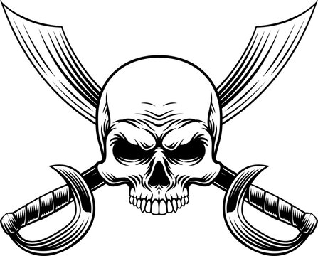 Pirate skull crossbones with crossing sabres or scimitar cutlass pirate swords. In a vintage retro woodcut style.