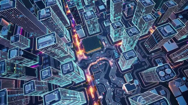 Circuit board pattern streets forming neon urban grid with tech aesthetic, topdown view shows chiplike plazas, glowing pathways, sensor nodes and integrated infrastructure for smart city mapping.