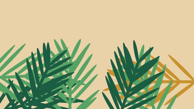 Tropical green leaves pattern on orange background. 2d animation