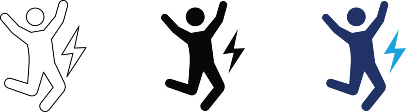 Energy and motivation icon set featuring a jumping person and lightning bolt, dynamic symbols for fitness, vitality, and active lifestyles in outline, solid, and duotone styles.