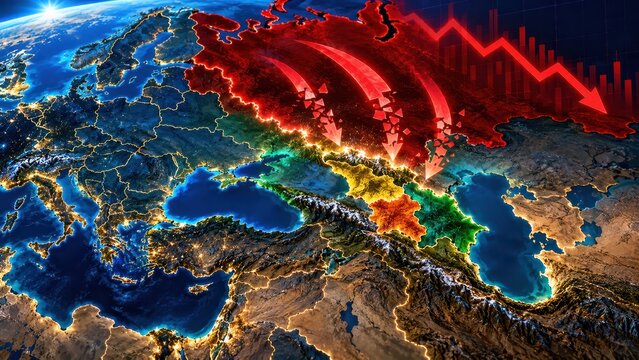 Concept of Declining Russian Influence in South Caucasus Region with Geopolitical Map and Downward Arrows
