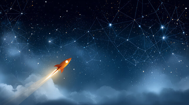 Cartoon rocket flying into dreamy night sky filled with constellations
