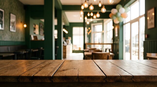 Empty wooden table top with blurred cafe interior background. Focus on rustic wood surface with warm hanging lights, green walls, and cozy restaurant seating. Perfect for product display.
