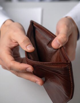 Faceless Male Hands Opening an Empty Leather Wallet Concept 