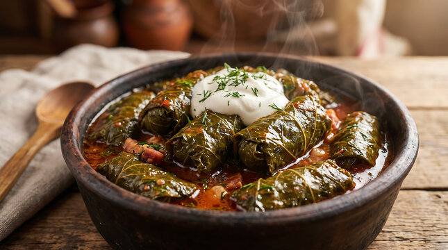 Hyper Realistic 9K Low Angle Close Up Moldovan Grape Leaf Sarmale Food Photography