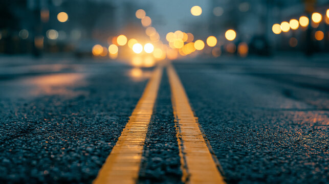 Wet city street with yellow double lines and bokeh lights at night. Perfect for travel and urban themes.