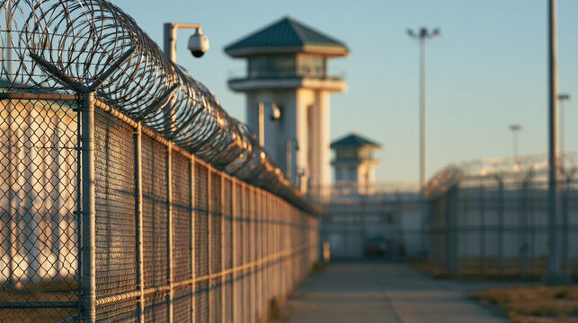 Barbed wire fence surrounding a high-security prison facility at sunset. Concept of law enforcement, justice system, and incarceration security.