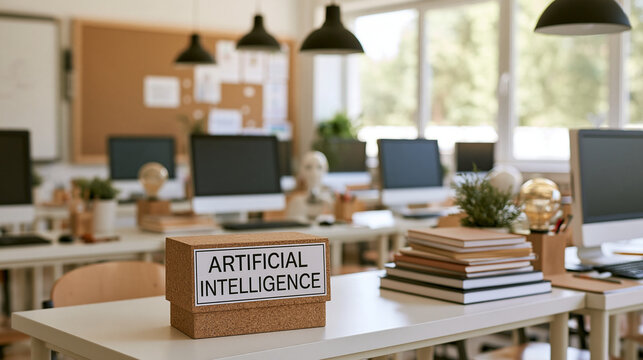 Artificial intelligence label on a wooden block in a modern office. Symbolizing digital innovation and machine learning in professional business technology contexts.