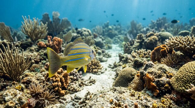 Yellowtail snapper swimming among vibrant coral reefs in clear blue ocean water under bright sunlight.