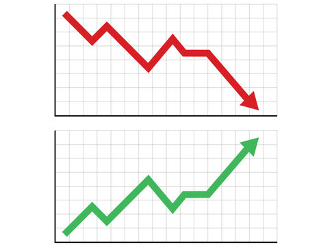 Red down trend graph and green up growth chart showing business success and financial failure.