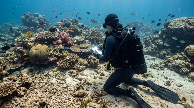 Scuba diver kneeling on the ocean floor conducts marine research near a vibrant coral reef.