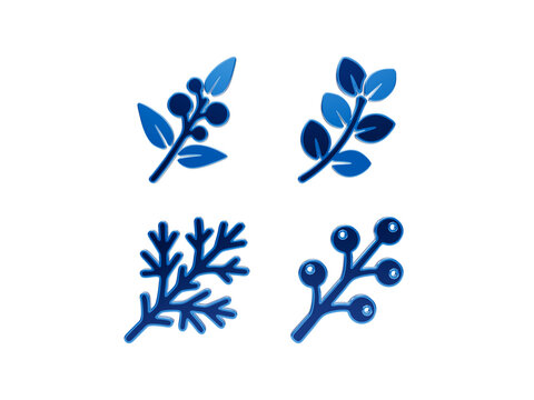 A set of four shiny blue botanical elements includes branches with leaves and berries, and a sprig.