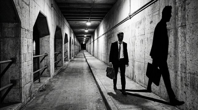Businessman walking in dark tunnel with long shadow, symbolizing career path, journey