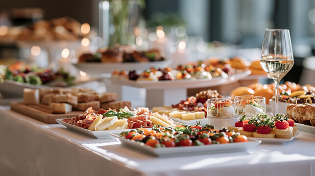 A lavish banquet table features gourmet appetizers, cheese platters, and white wine in a restaurant setting. Perfect for hospitality, catering, and event planning themes.