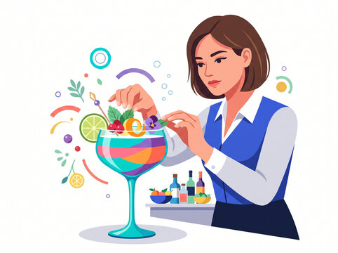 Colorful Cocktail Garnish Art Elegant Drink Presentation with Fresh Fruit and Mint