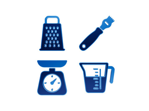 Blue kitchen tools icons for cooking and baking, including grater, zester, scales, and measuring cup.