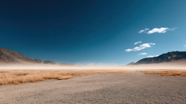 Desert landscape open dry terrain with golden grass, blue sky, distant mountains, and scattered clouds