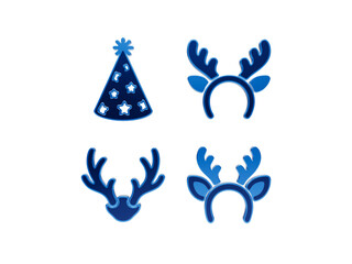Blue glossy Christmas party hat and reindeer headband icons set. © Mdsamim