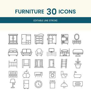 Minimalist Interior Design Furniture Icon Set: Clean Line Art Vectors of Sofas, Beds, Tables, Lamps, and Bathroom Fixtures for Architecture Blueprints and Floor Plans