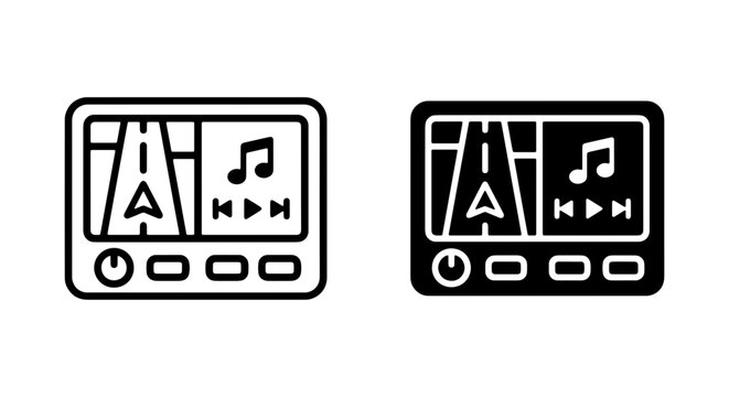 GPS Navigation Device Icons, Car Sat Nav System Vector Graphics, Digital Map Display with Music Controls, Portable Navigator UI Elements